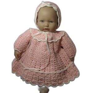 Baby Dress, Bonnet Hat, & Long Vest Set Crocheted Dark Peach Approx 3 month size